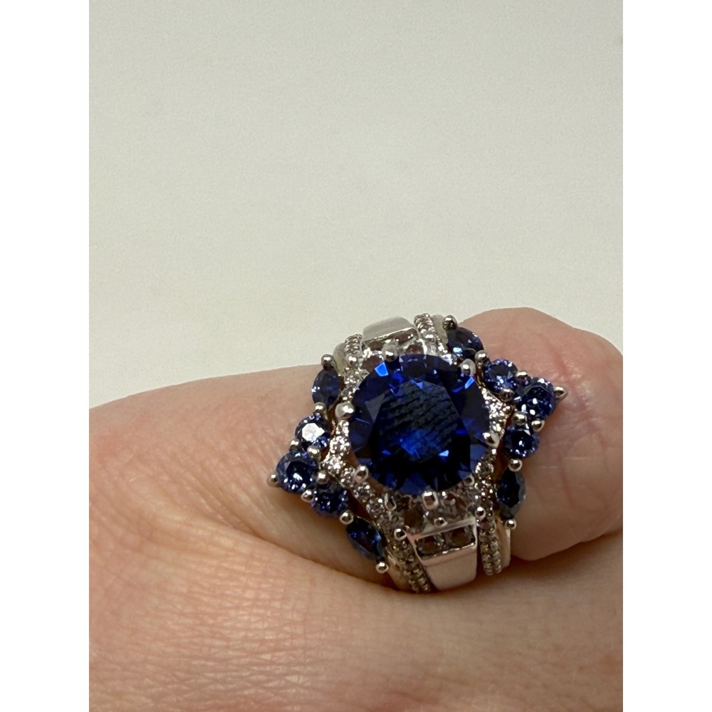 Sterling Silver 925‎ Blue Sapphire Round Cut Halo Three Band Ring Set Size 6